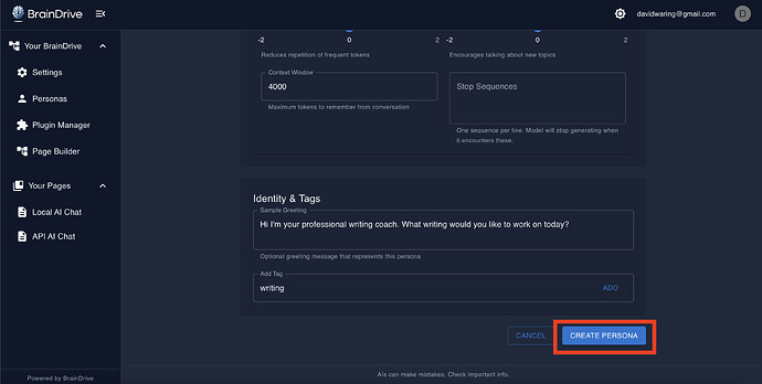 Create Persona Button