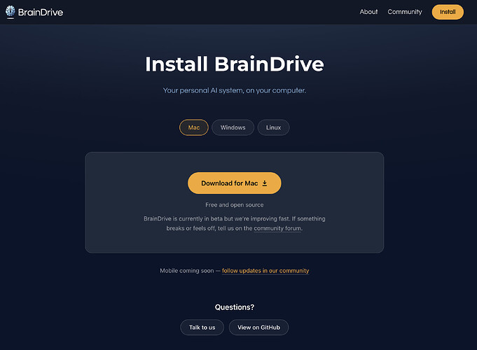 The braindrive.ai install page: Mac, Windows, and Linux tabs with the Download for Mac button — free and open source