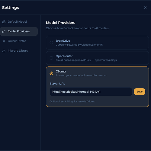 BrainDrive Model Providers — Ollama Selected