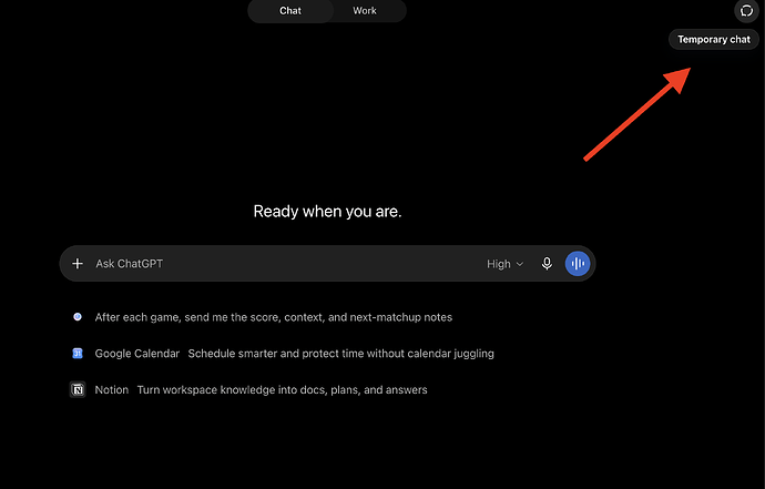 Where to find Temporary chat in ChatGPT: the button at the top right of a new chat.