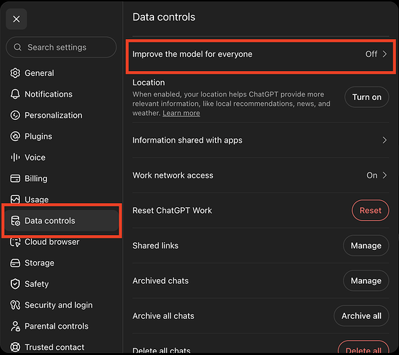 ChatGPT privacy settings: the Data Controls screen with the training toggle, 'Improve the model for everyone,' set to off.